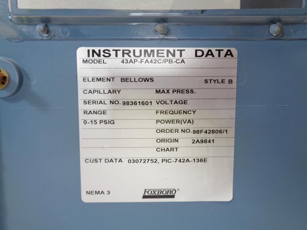 Foxboro Pneumatic Controller 0 - 15 PSIG, 43AP-FA42C/PB-CA